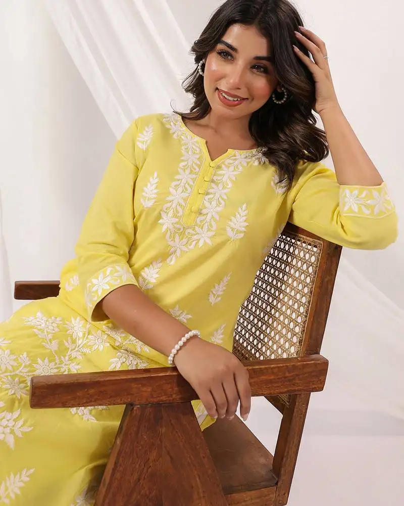 Women's yellow pure cotton embroidered straight kurta