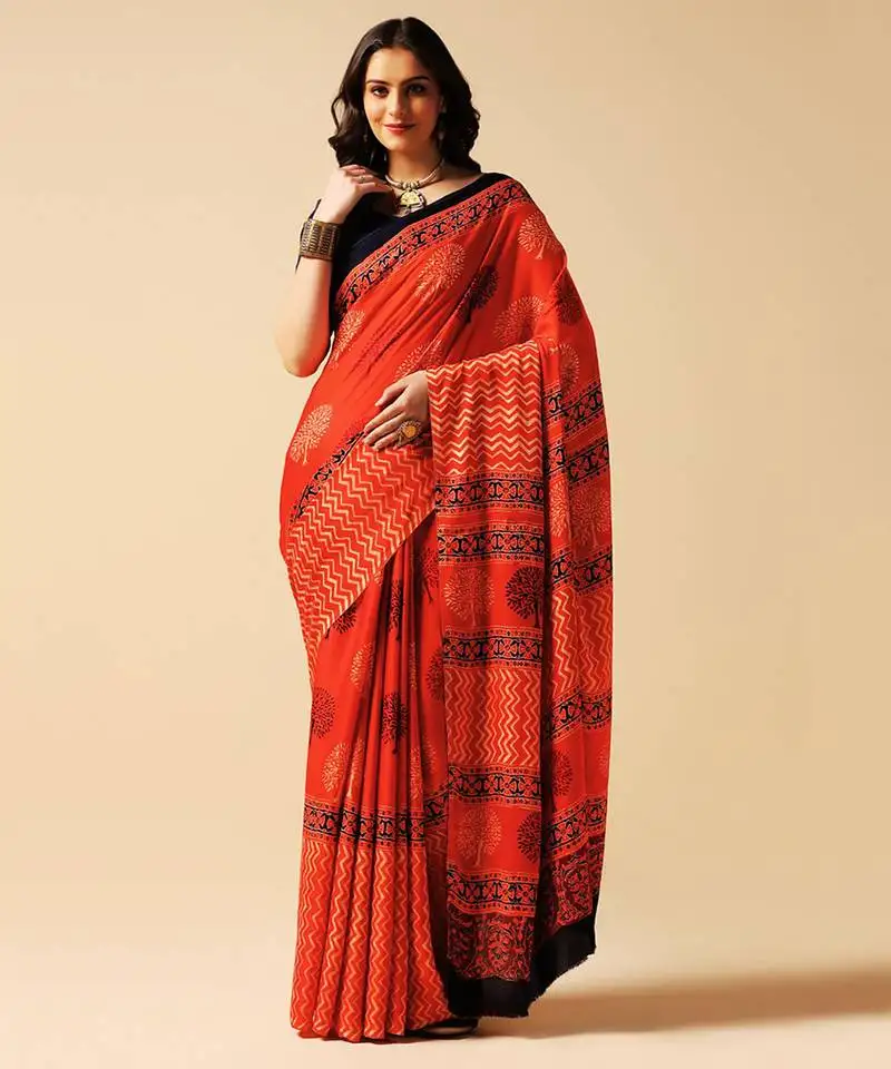 Orange floral printed silk saree