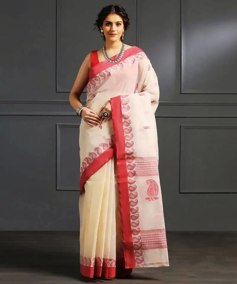 White hand woven cotton saree