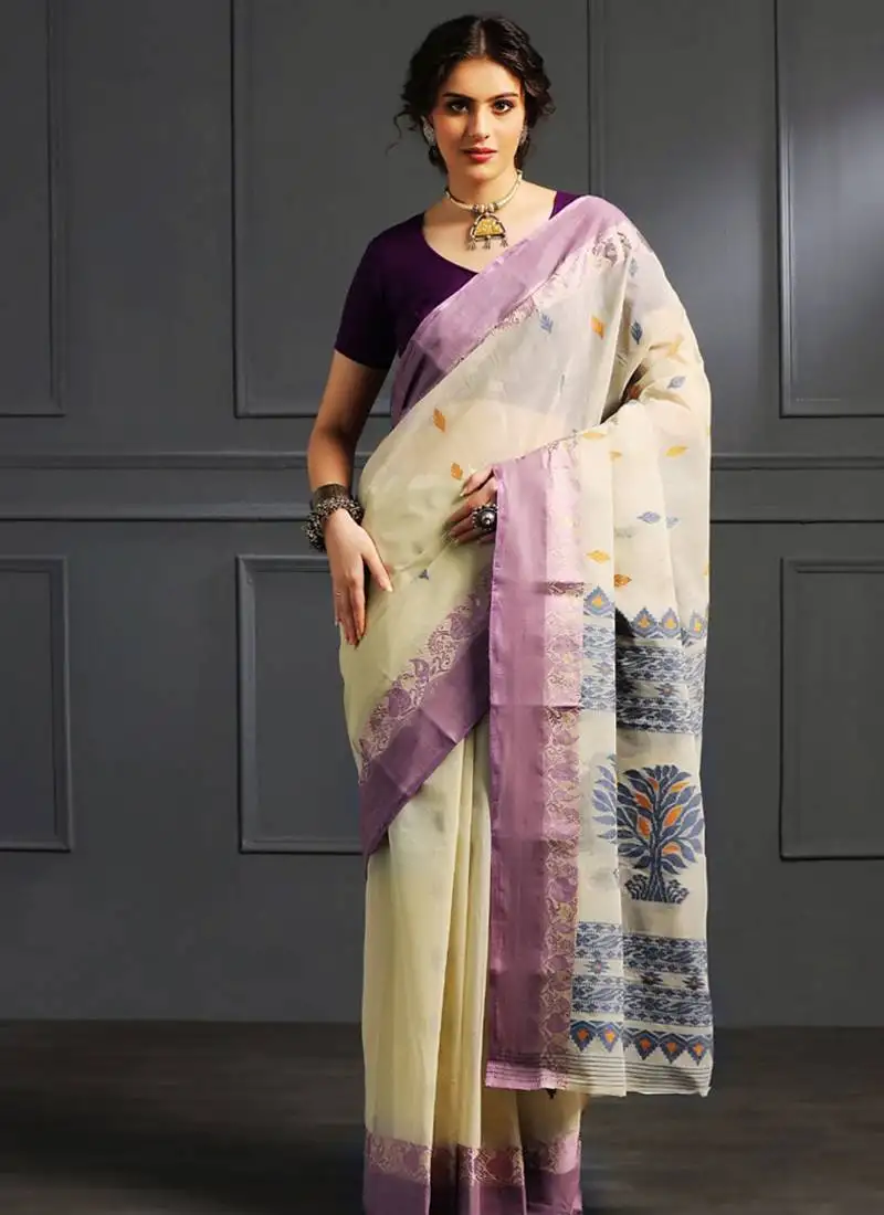 Off white hand woven cotton saree