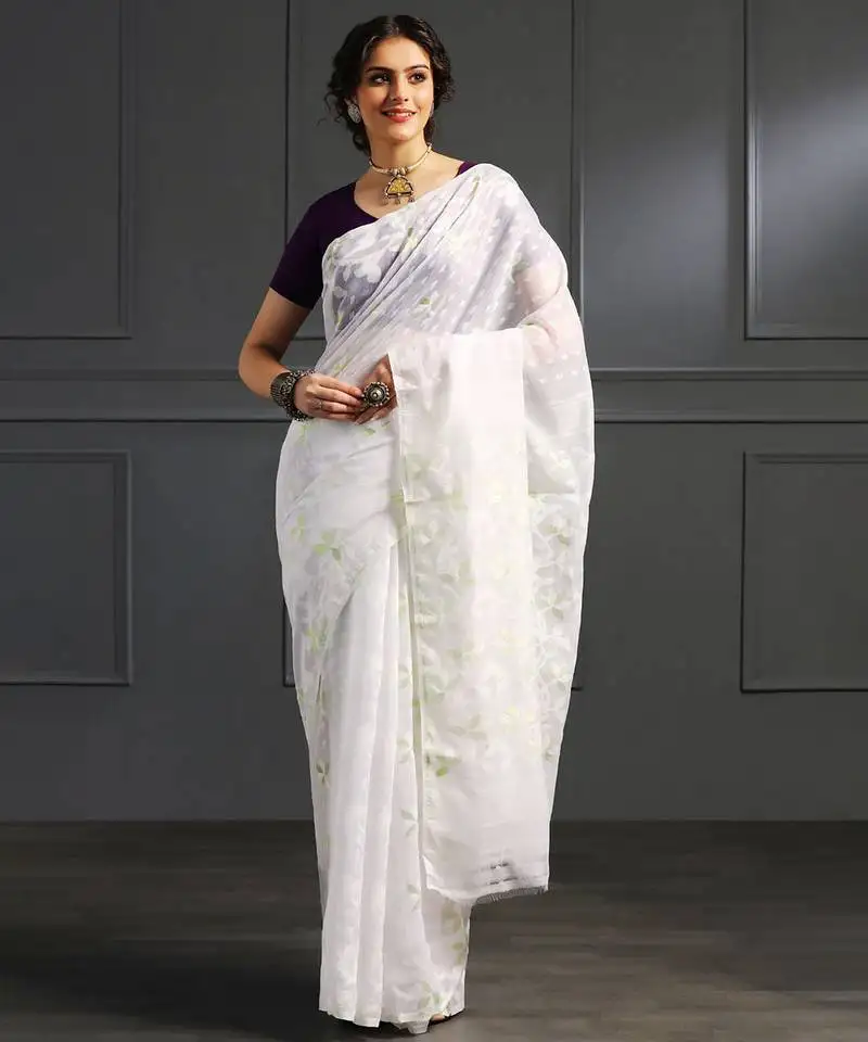White hand woven jamdani silk saree