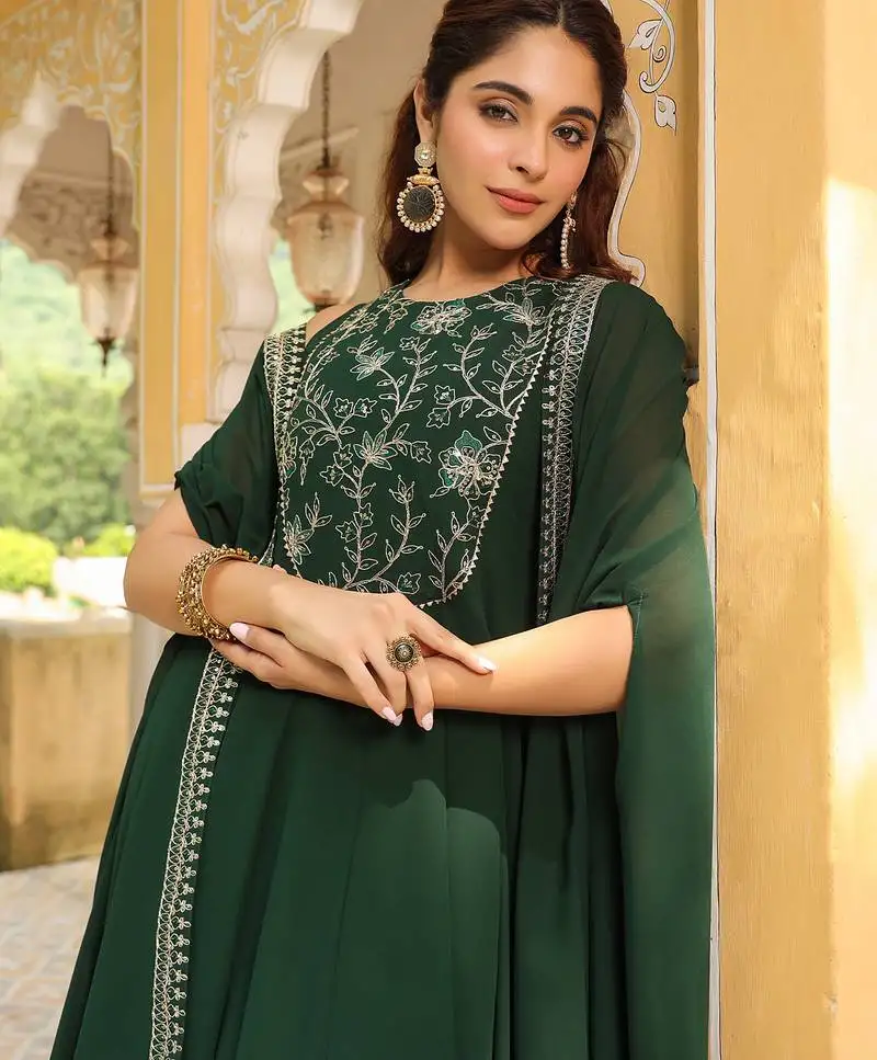 Women's dark green georgette embroidered anarkali dress with cape stitched