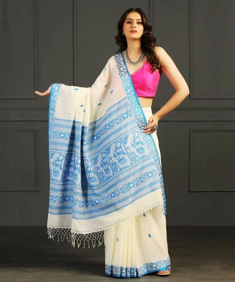 Blue hand woven cotton saree