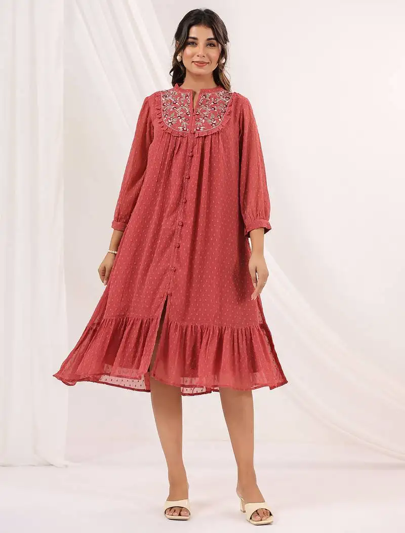 Women's mauve dobby chiffon embroidered a-line dress