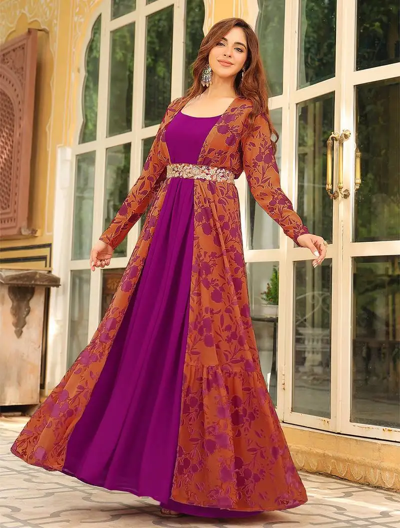 women's pink georgette floral printed embroidered belted dress with jacket