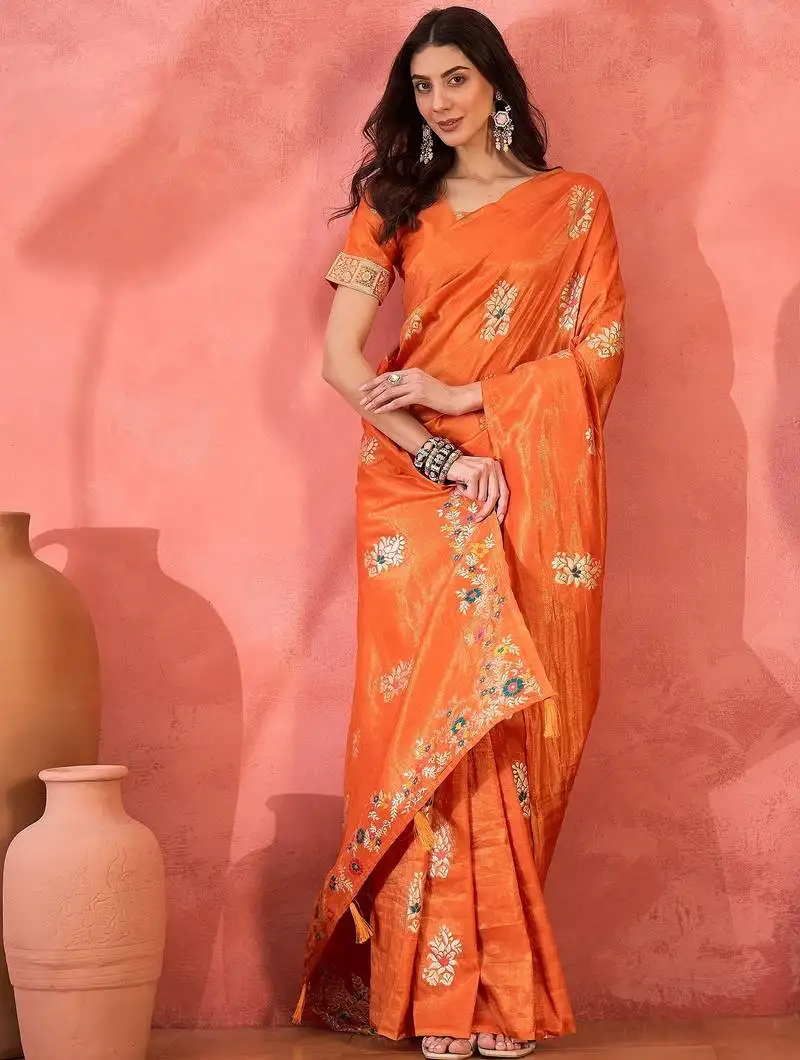Orange silk blend jacquard saree with unstitched blouse piece