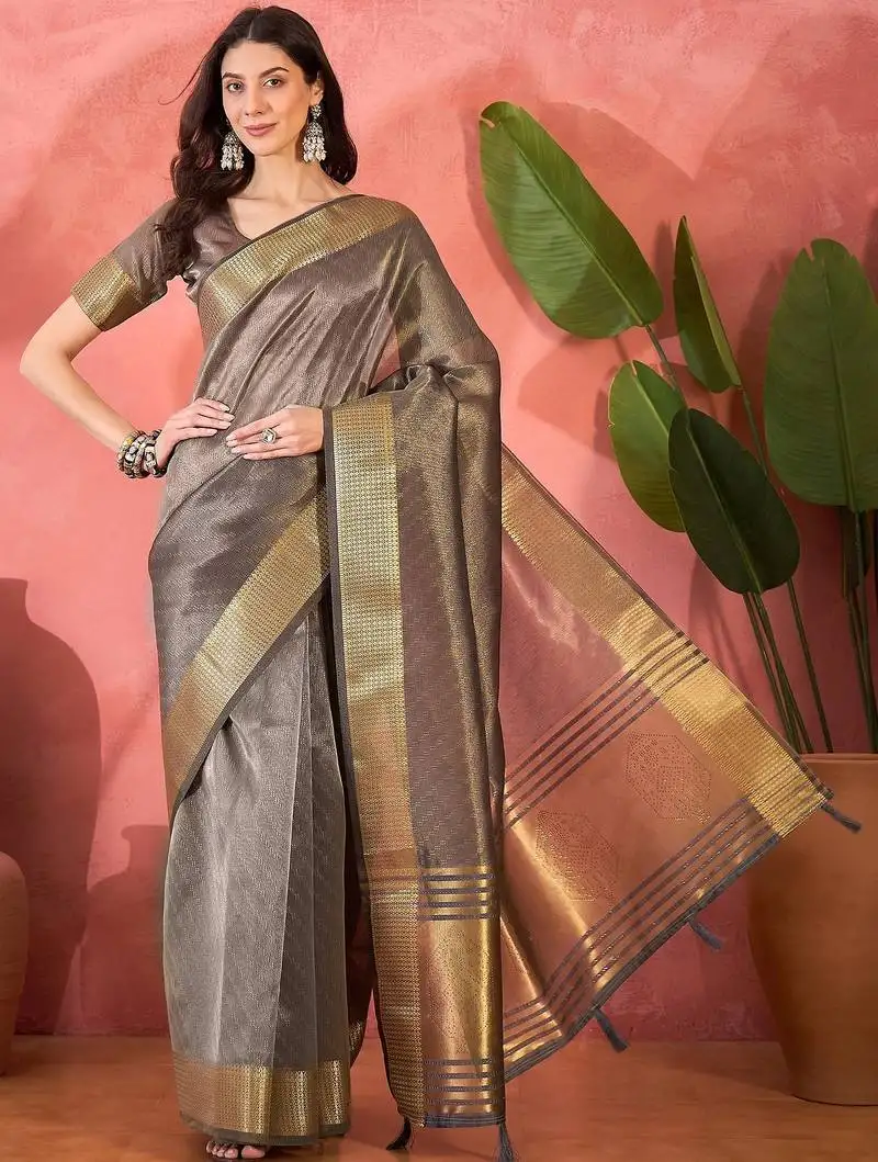 Grey organza jacquard saree with unstitched blouse piece