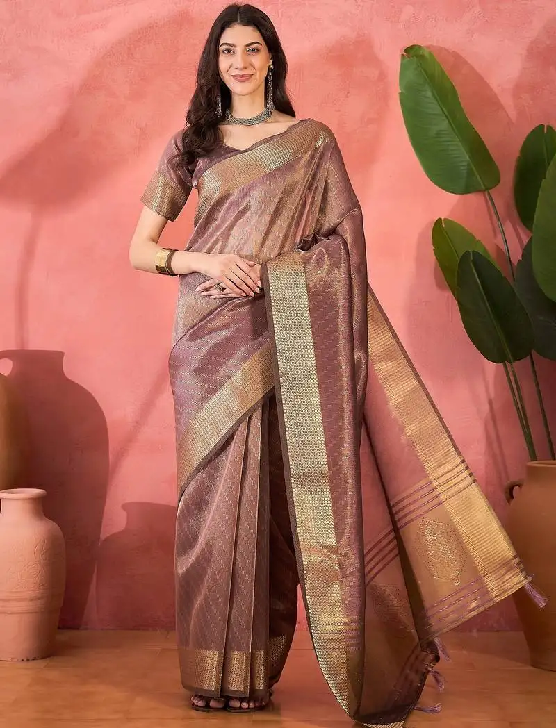 Lavender organza jacquard saree with unstitched blouse piece