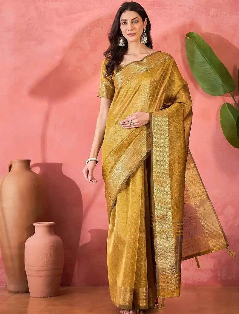 Yellow organza jacquard saree with unstitched blouse piece