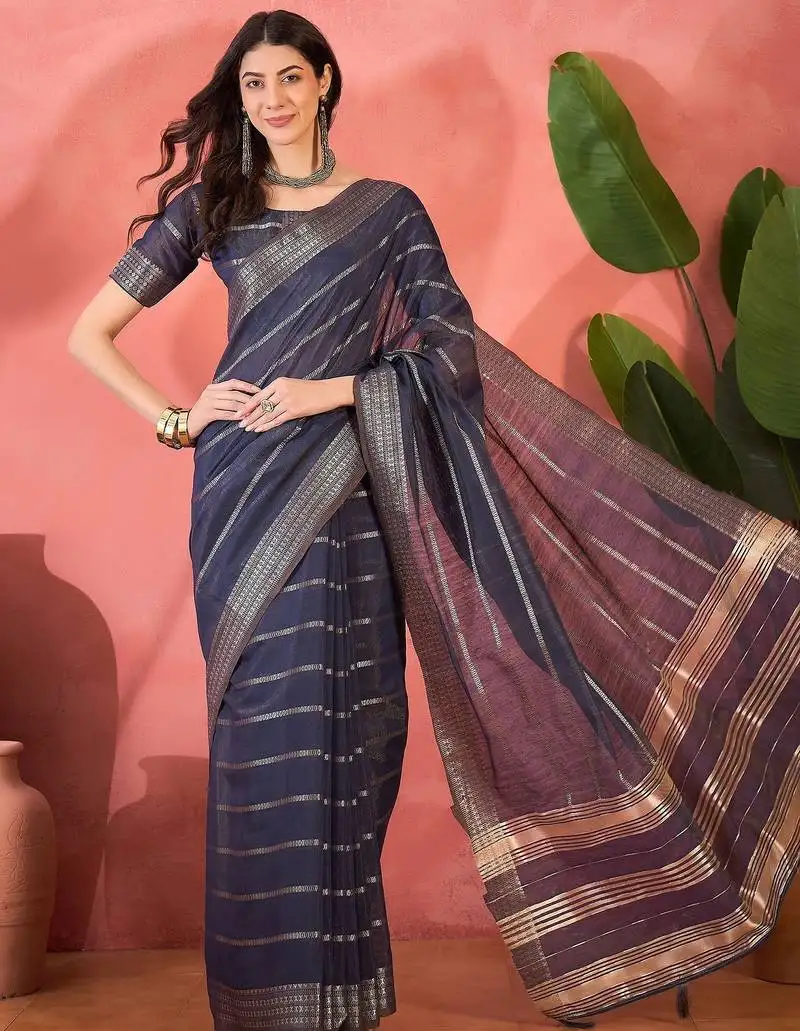 Navy blue organza jacquard saree with unstitched blouse piece
