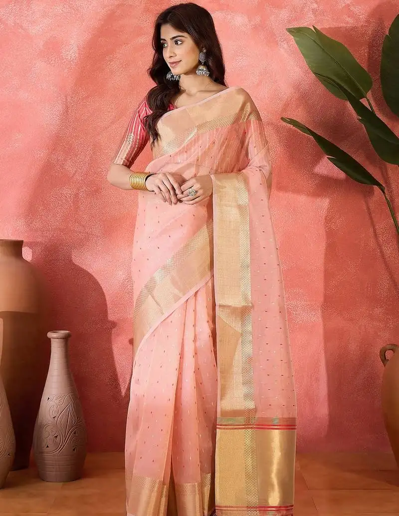 Pink organza jacquard saree with unstitched blouse piece