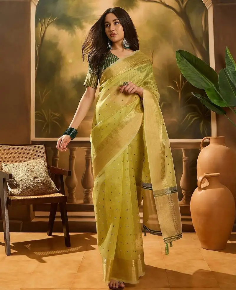 Parrot green organza jacquard saree with unstitched blouse piece