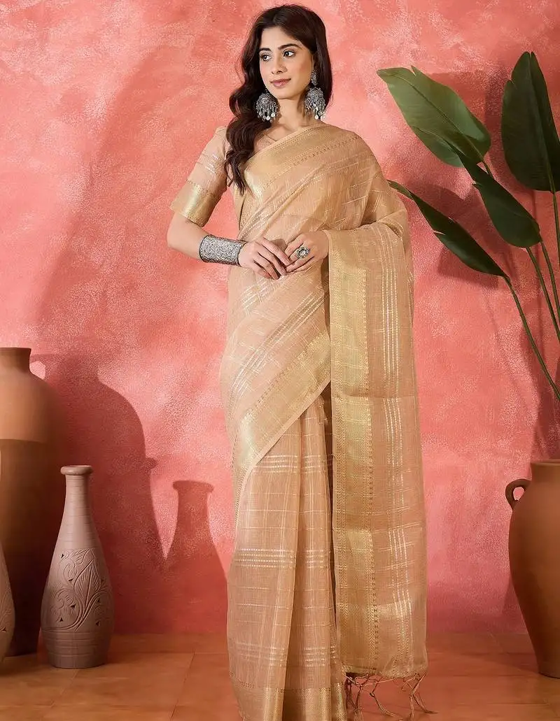 Beige organza jacquard saree with unstitched blouse piece