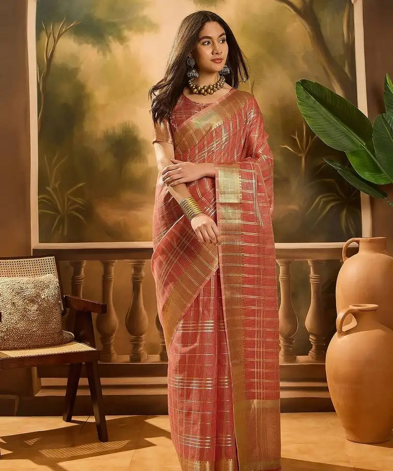 Red organza jacquard saree with unstitched blouse piece