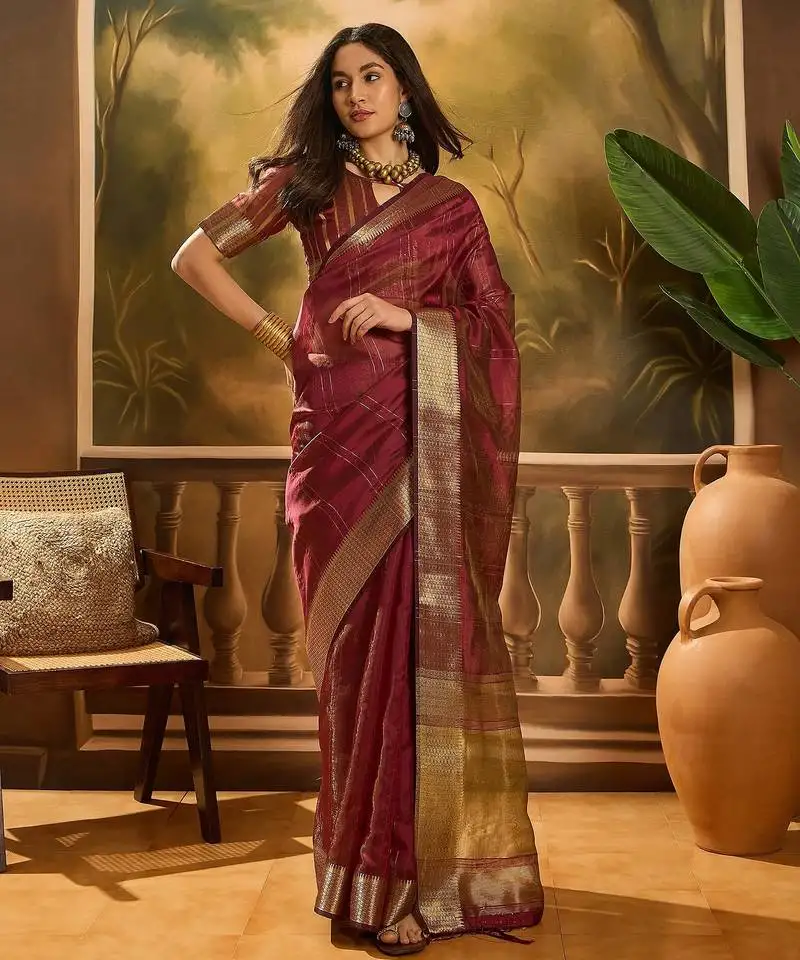 Wine organza jacquard saree with unstitched blouse piece