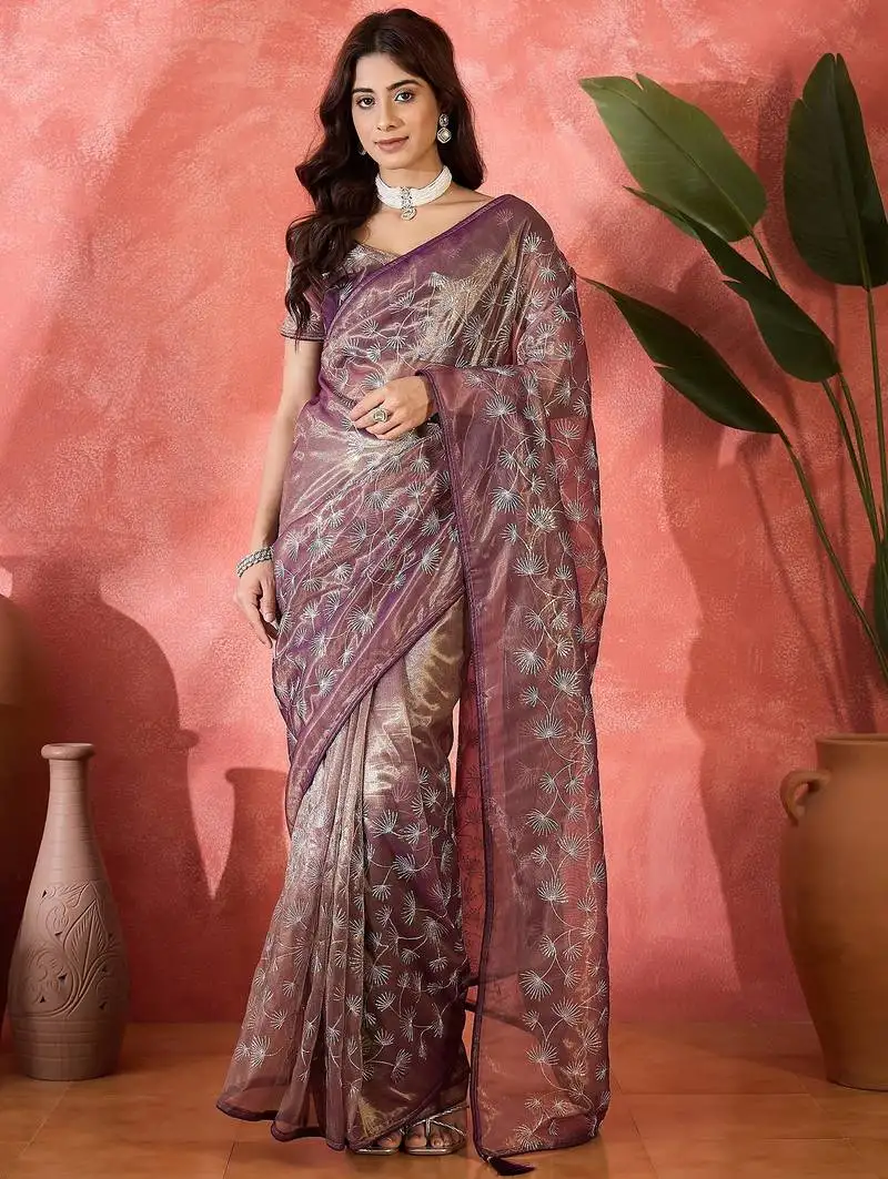 Purple net sequins work saree with unstitched blouse piece