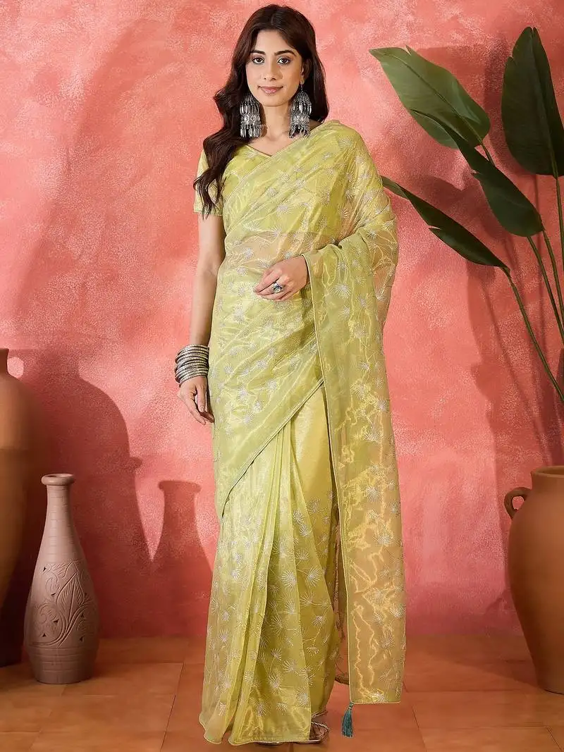 Yellow net sequins work saree with unstitched blouse piece