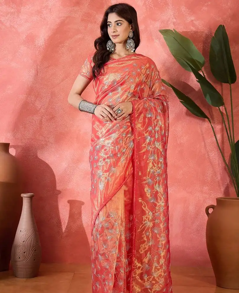 Red net sequins work saree with unstitched blouse piece