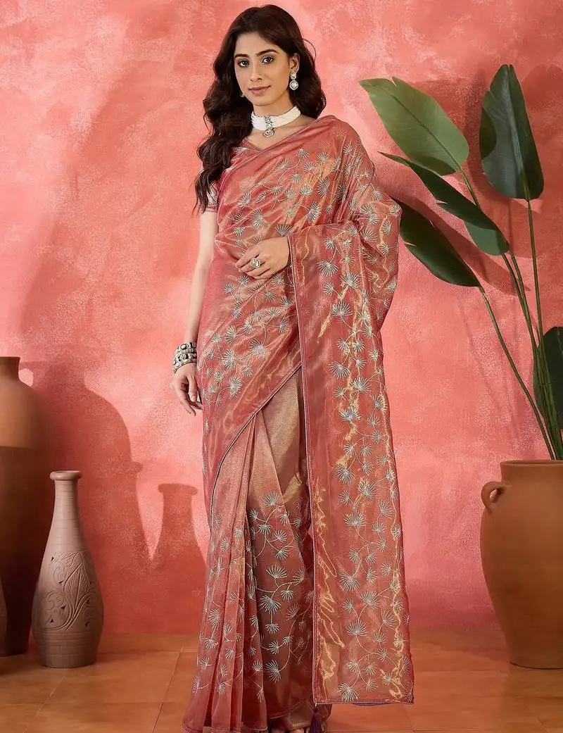 Rust net sequins work saree with unstitched blouse piece