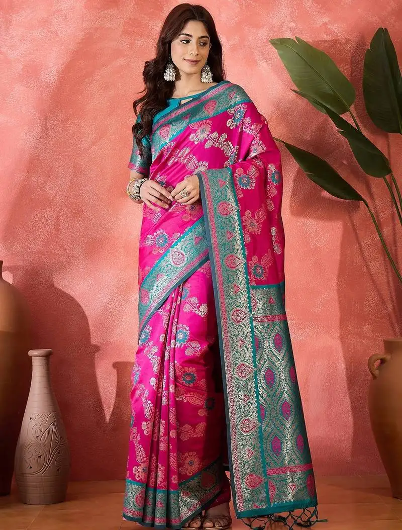 Magenta silk blend sequins work saree with unstitched blouse piece