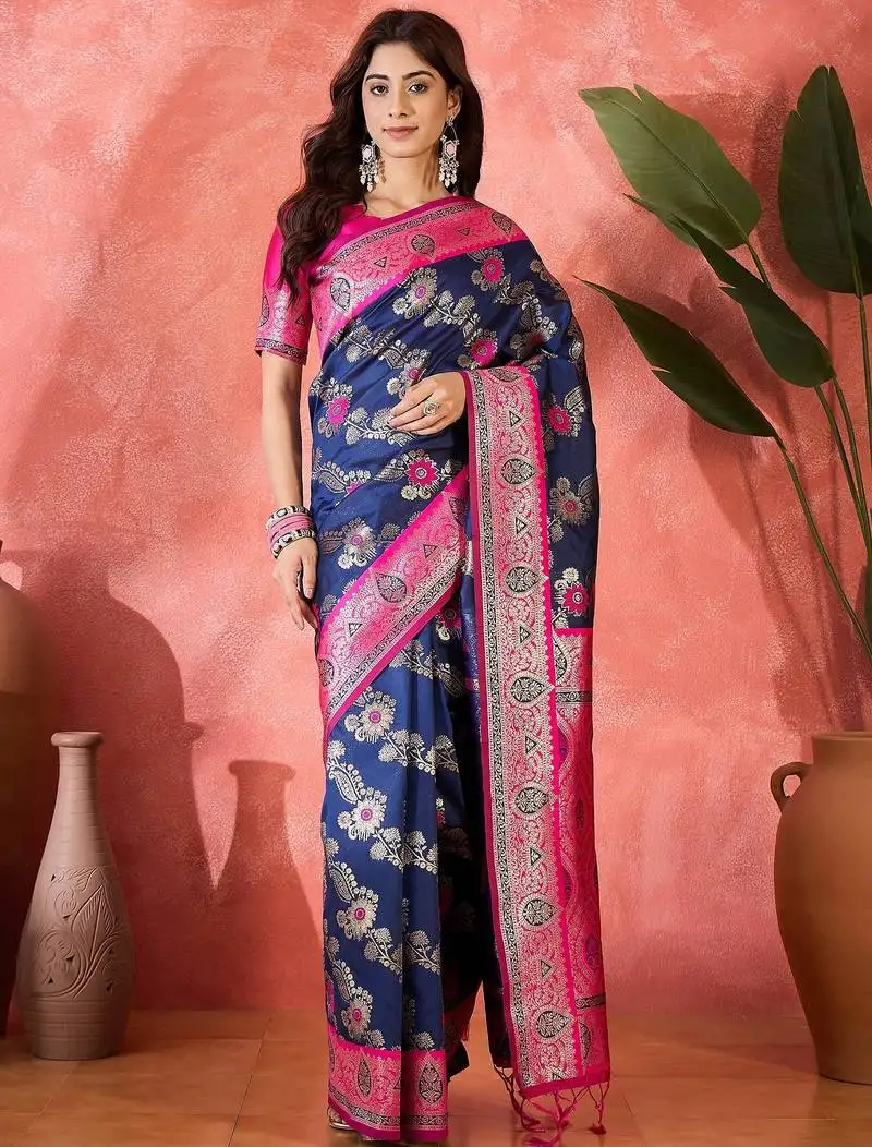 Navy blue silk blend sequins work saree with unstitched blouse piece