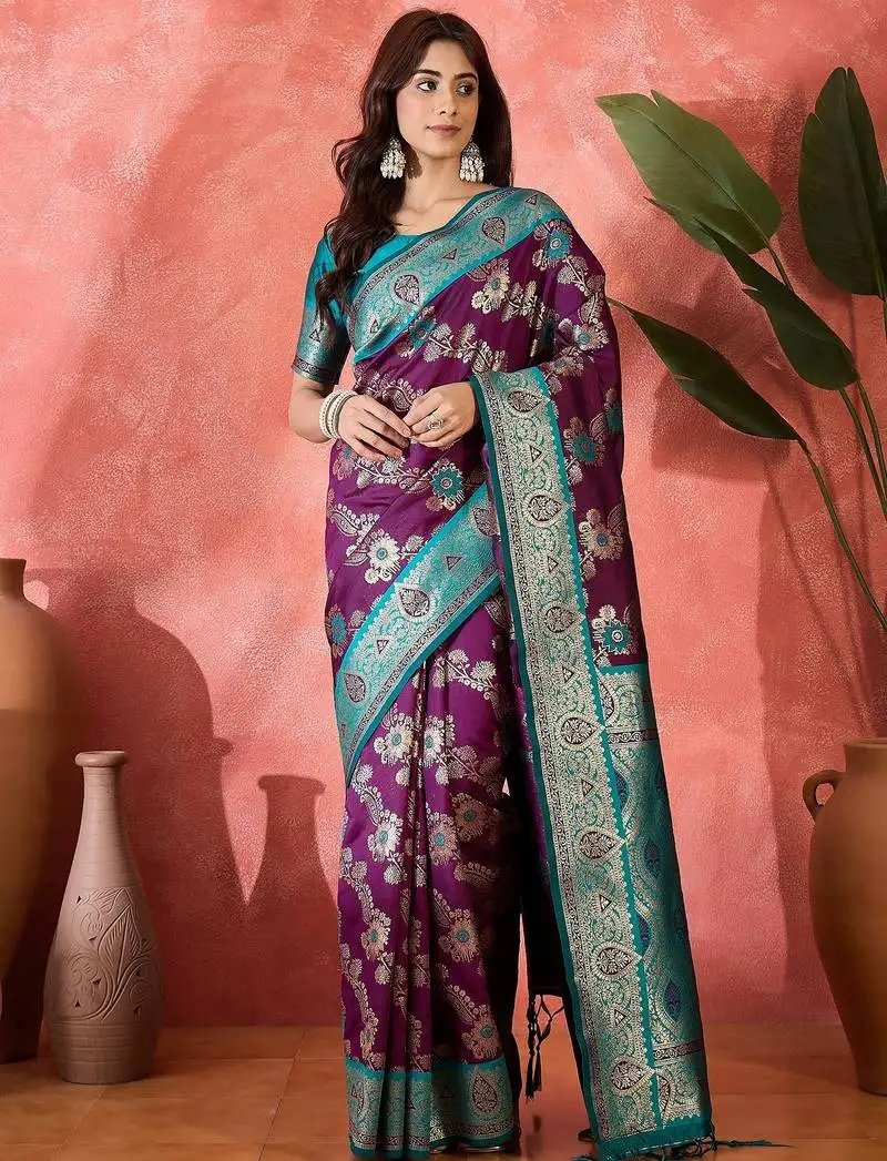 Purple silk blend sequins work saree with unstitched blouse piece