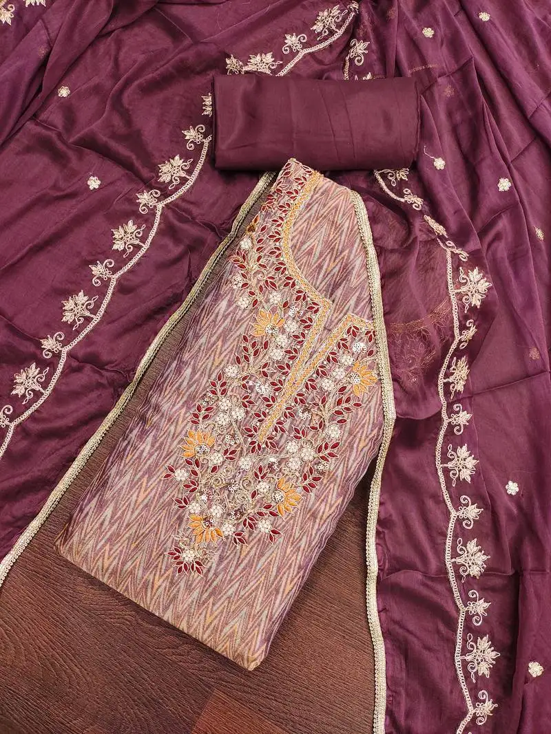 Women's wine embroidered work dress material unstitched