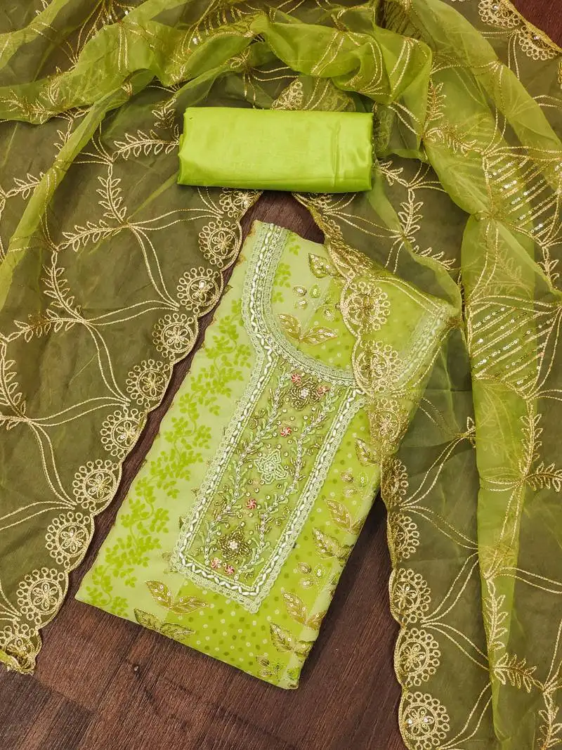 Women's green handwork dress material unstitched