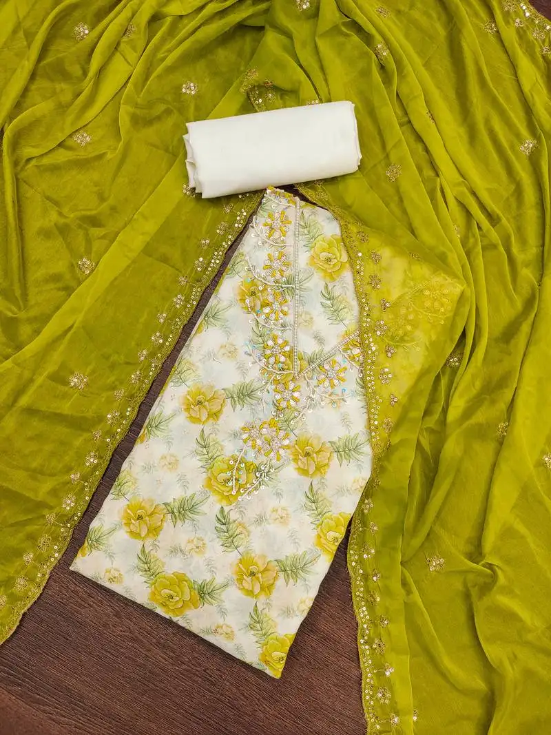 Women's white handwork dress material unstitched