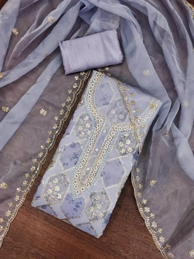 Women's grey handwork dress material unstitched