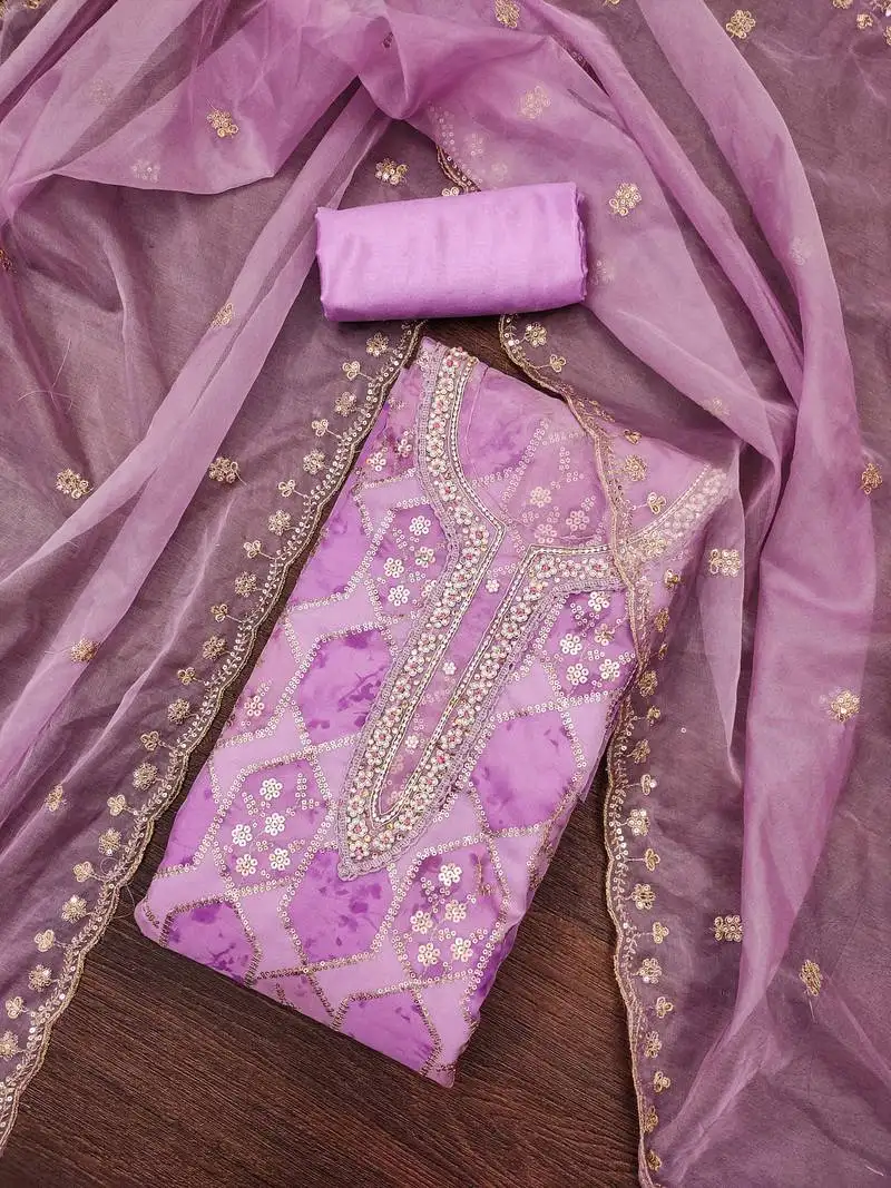 Women's lavender handwork dress material unstitched