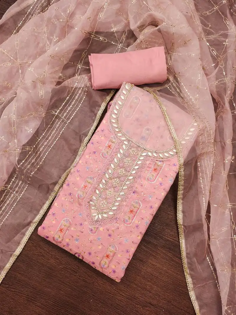 Women's pink handwork dress material unstitched