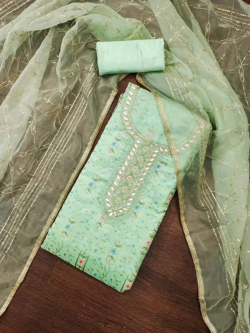 Women's mint handwork dress material unstitched