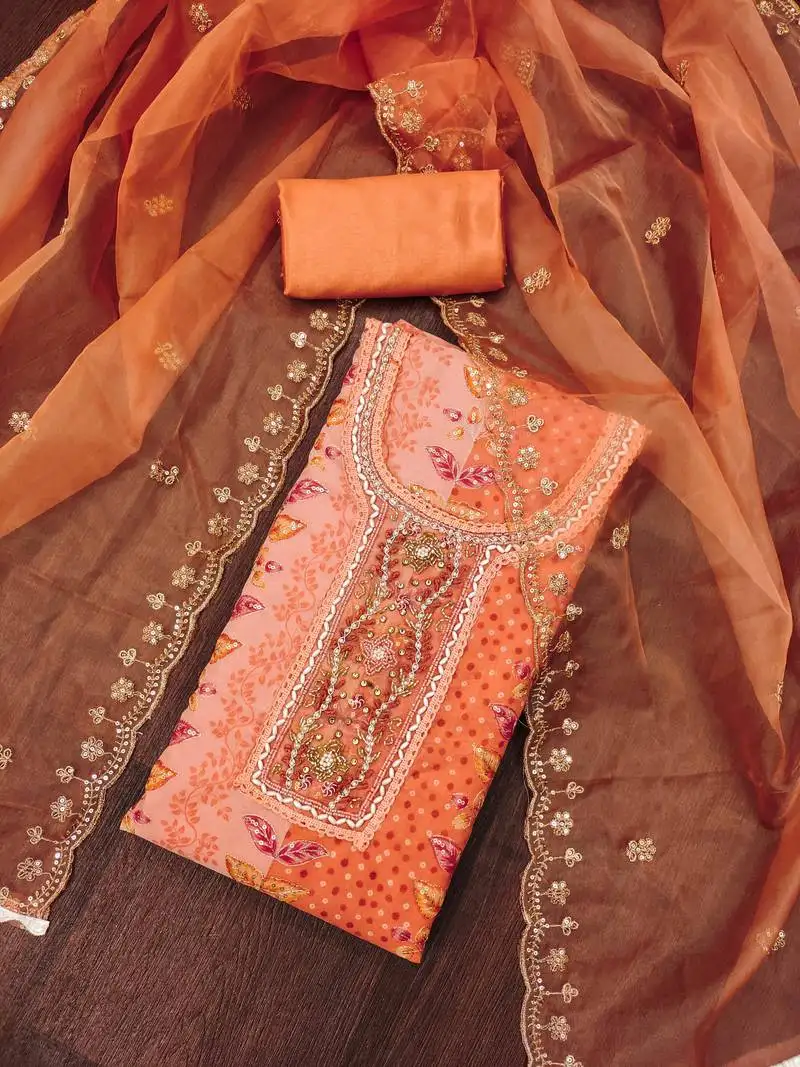 Women's orange handwork dress material unstitched