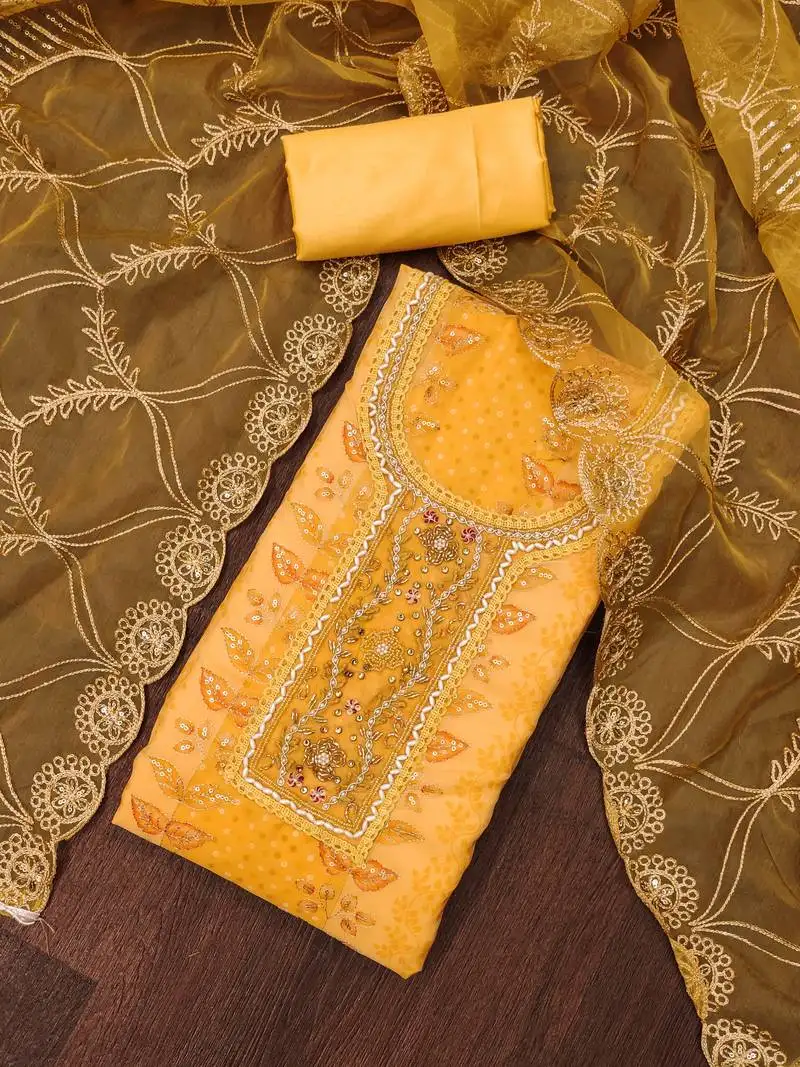 Women's yellow handwork dress material unstitched