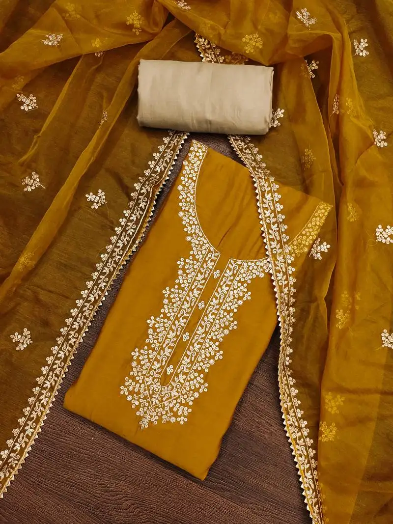 Women's mustard embroidered work dress material unstitched