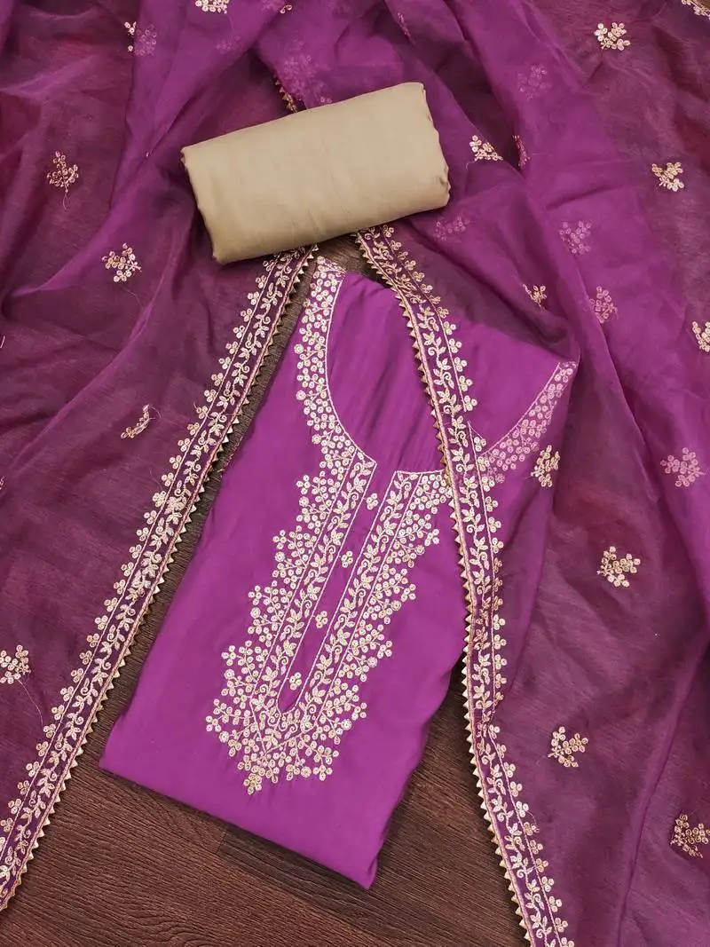 Women's purple embroidered work dress material unstitched