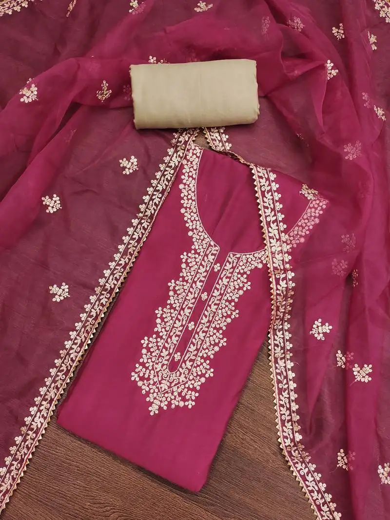 Women's pink embroidered work dress material unstitched