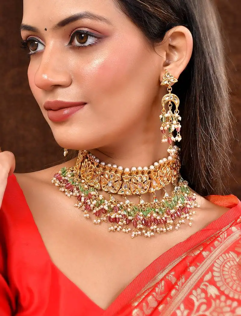 Gold-plated kundan choker necklace set with multicolor beads
