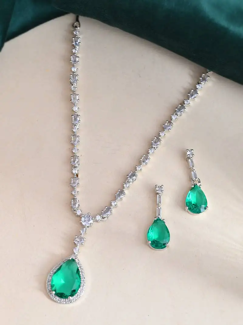 Diamond-cut cz & emerald pendant necklace set