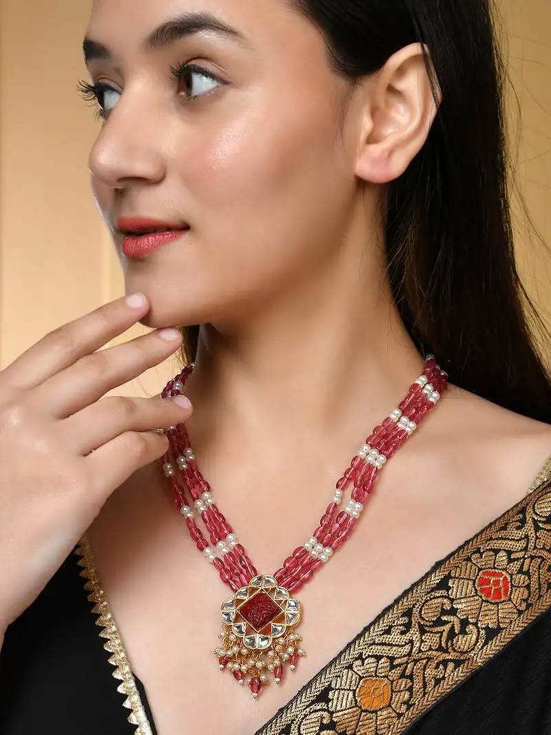 Long layered red beaded kundan with pearl nacklace for women