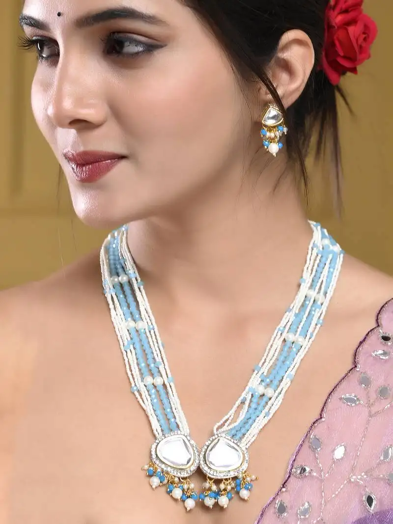 Blue beaded pearl necklace set with stone earrings for women