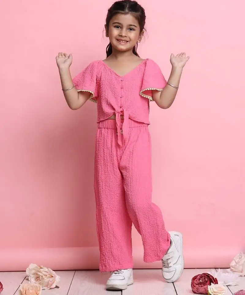 Girls' stylish pink co-ord set flared sleeve top & wide-leg pants