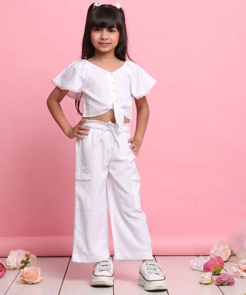 Girls' white co-ord set front-knot top with relaxed fit trousers