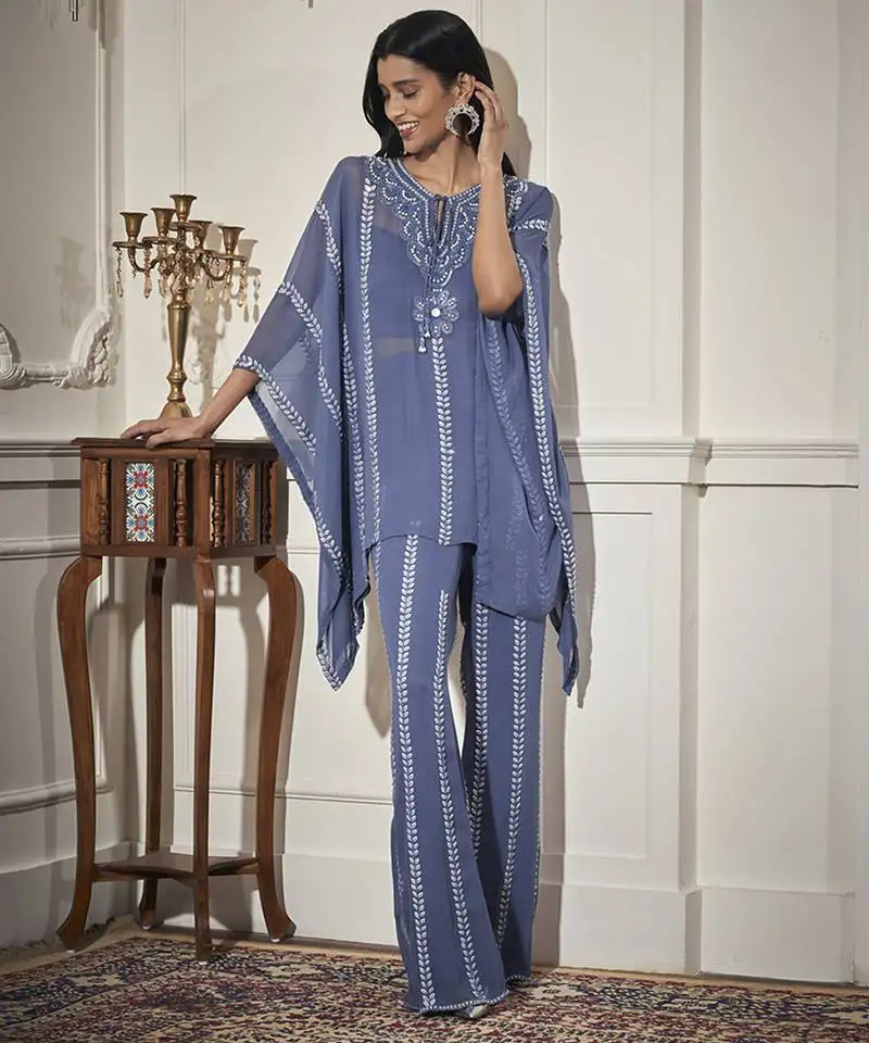 Blue georgette embroidered kaftan with pant & bustier