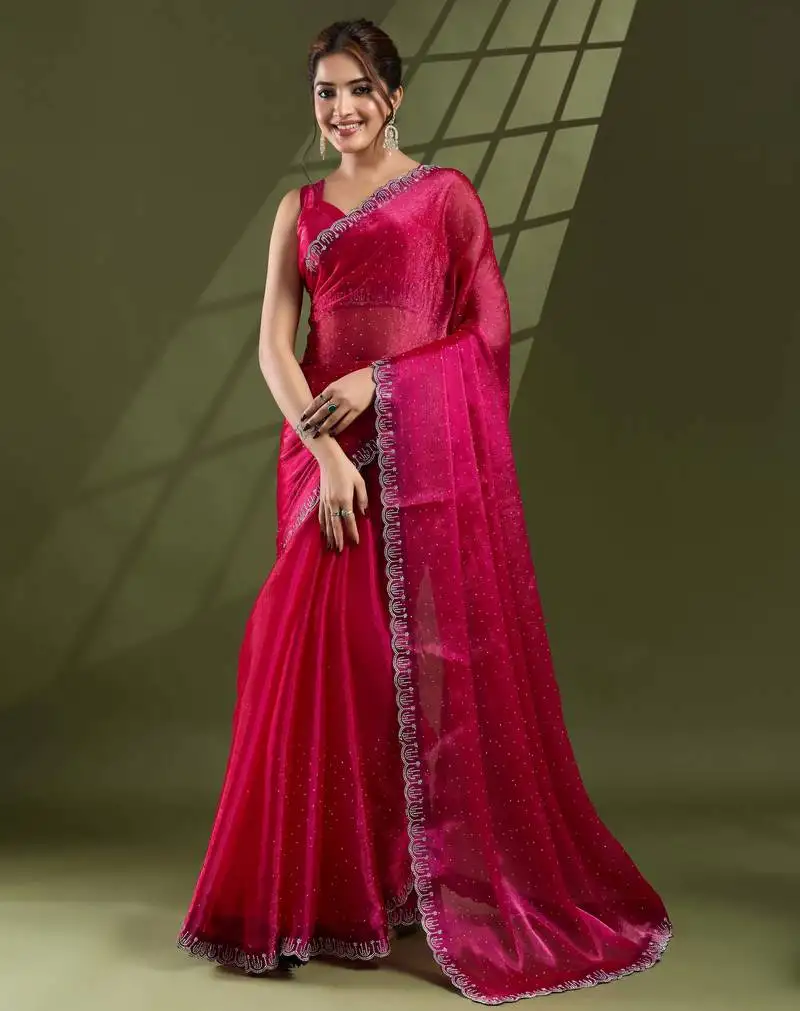 Rani silk blend swaroski work saree with unstitched blouse