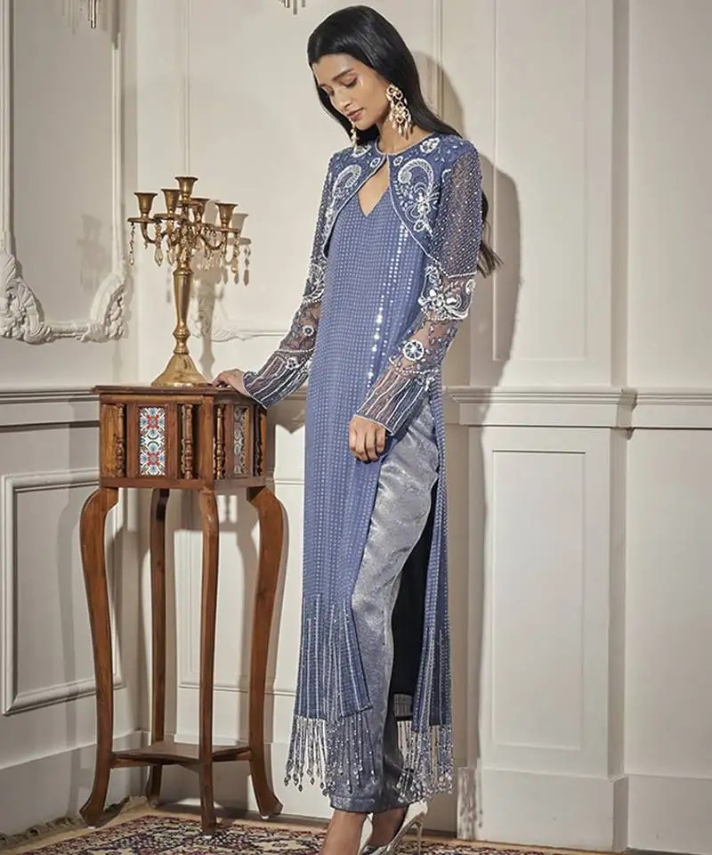 Blue net embroidered kurta & pant with cape