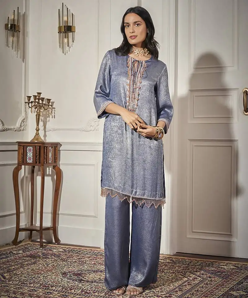 Blue satin plain kurta & pant set
