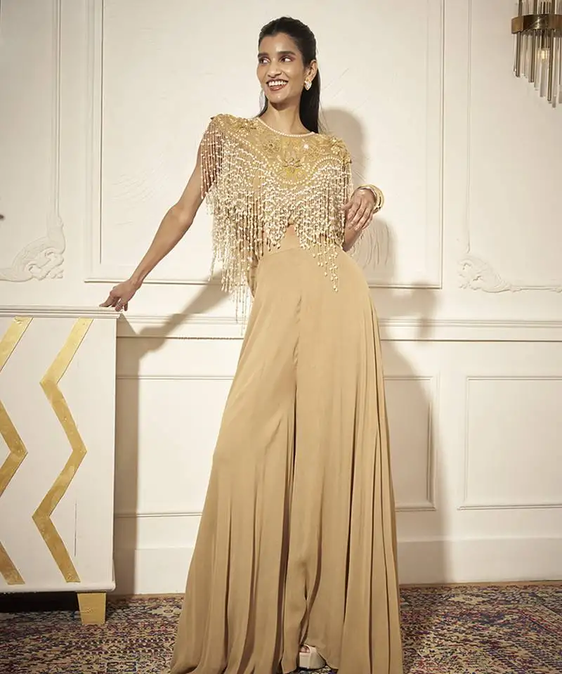 Gold georgette plain palazzo with embroidered top & bustier