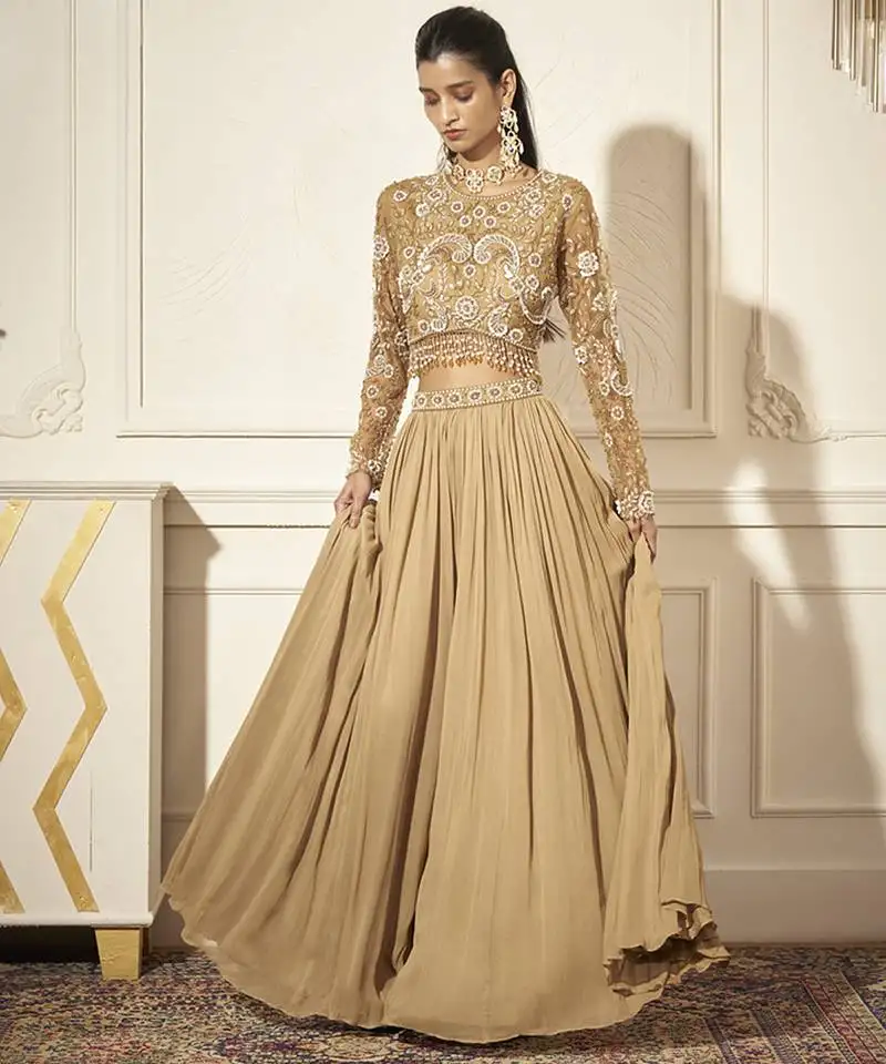 Gold georgette plain palazzo with embroidered blouse